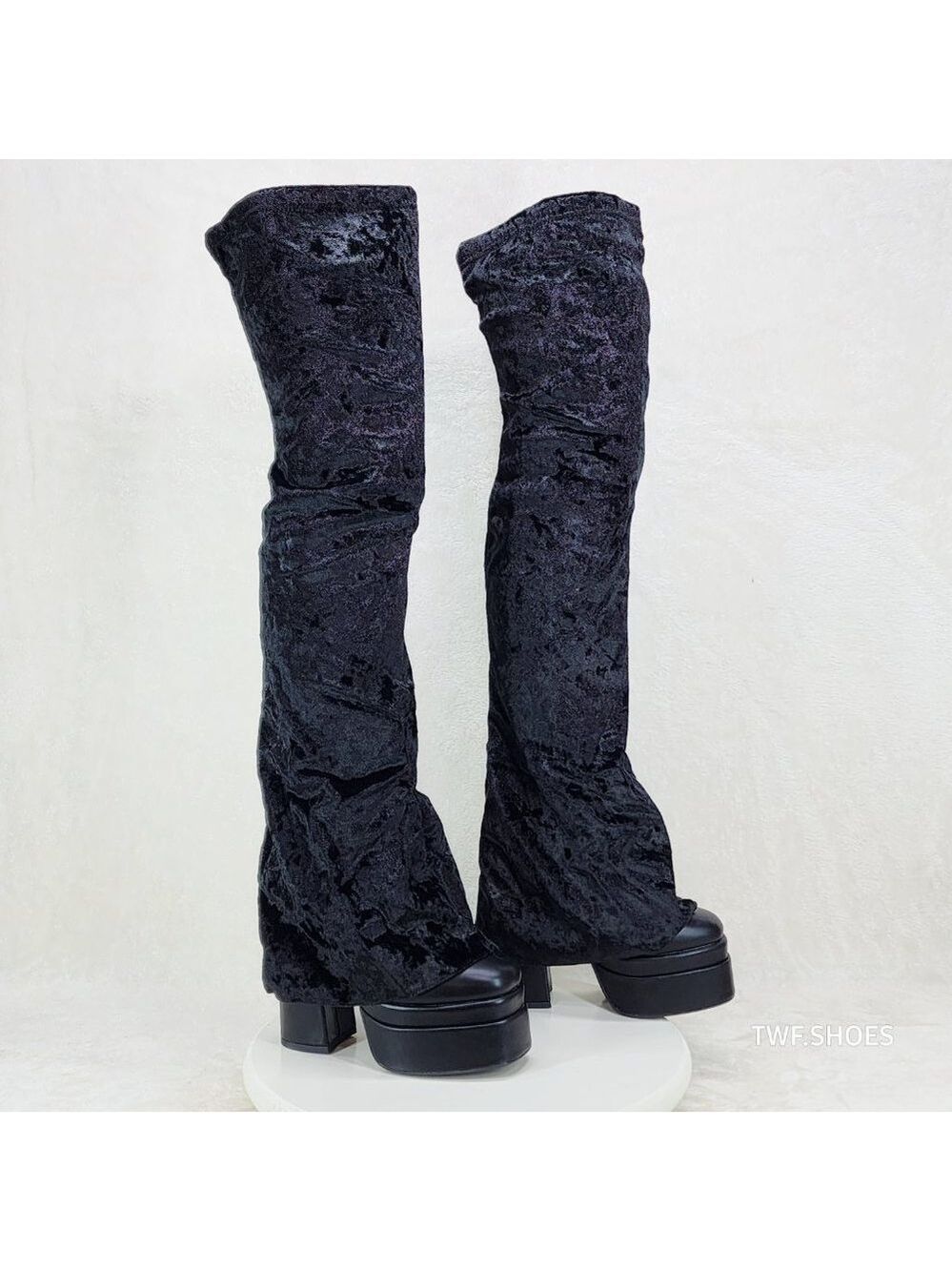Unique Thigh High Black Velvet Fold over Skirted Chunky Heel Platform Boots - Picture 15 of 17